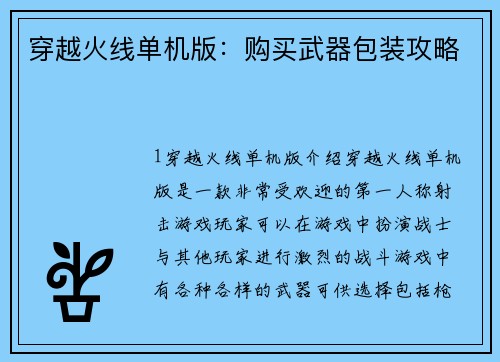 穿越火线单机版：购买武器包装攻略